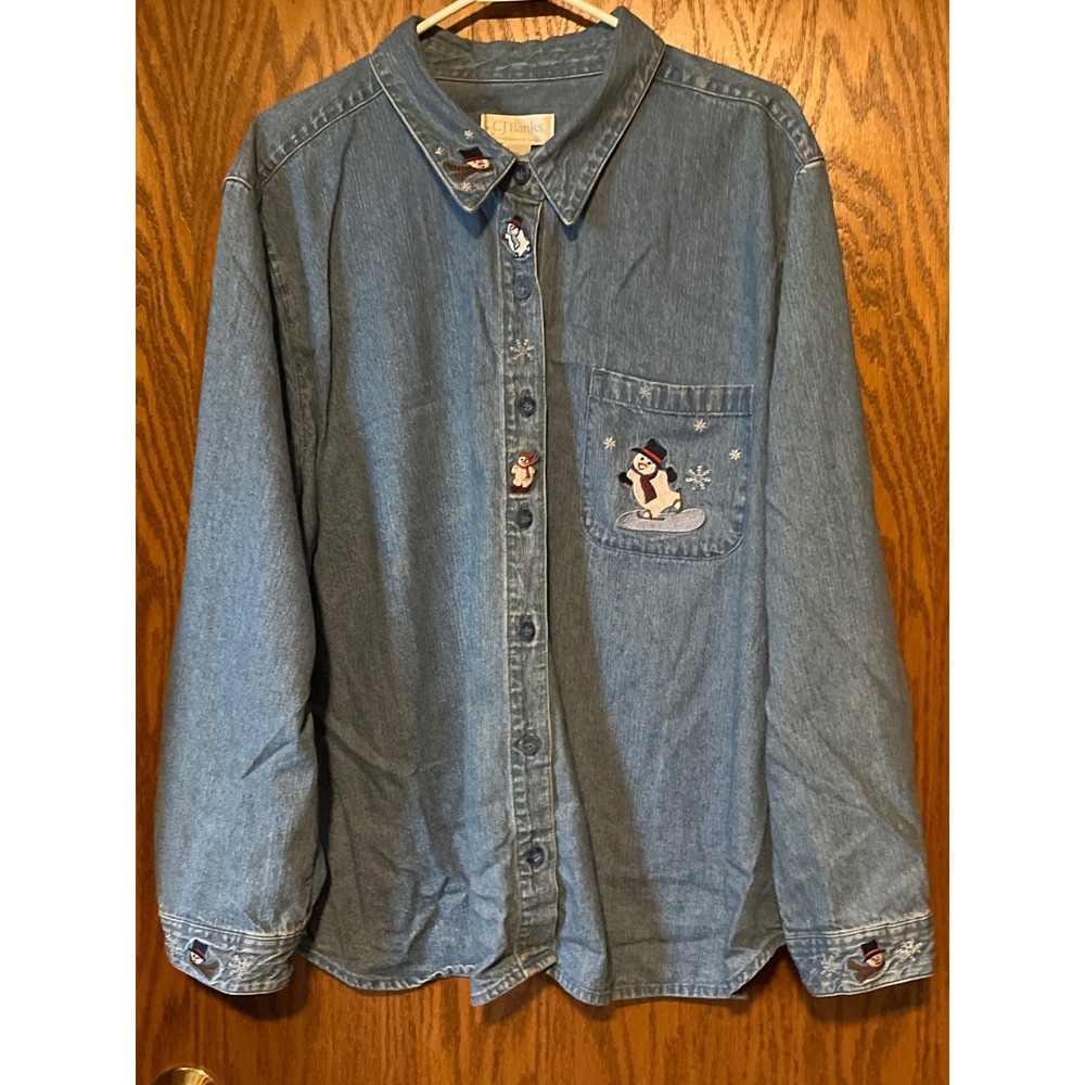 CJ Banks Vintage Snowman Embroidered Denim Button Down Shirt Plus Size 2X Blue